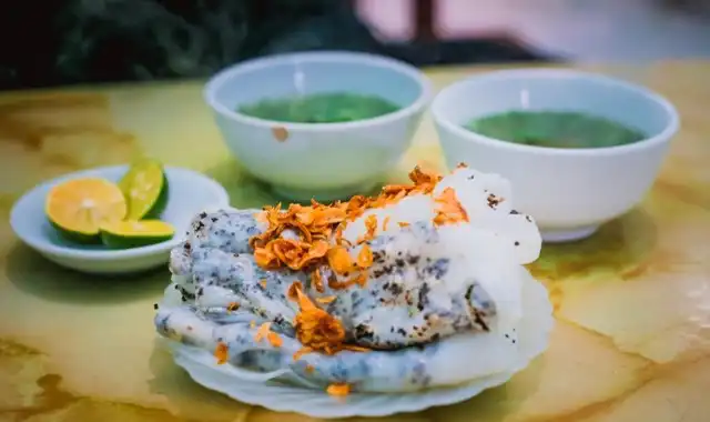 A plate of banh cuon (steamed rice pancake rolls)